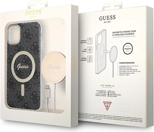 Set ovitek za telefon in brezžični polnilnik Guess GUBPN61H4EACSK za iPhone 11, 6.1", MagSafe, črn