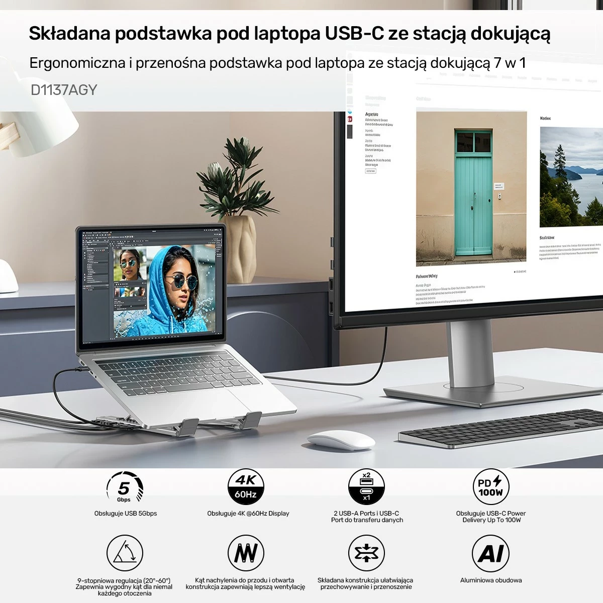 Nastavljivo stojalo za prenosnik z vgrajenim hubom HDMI/PD/SD, Unitek, srebrno
