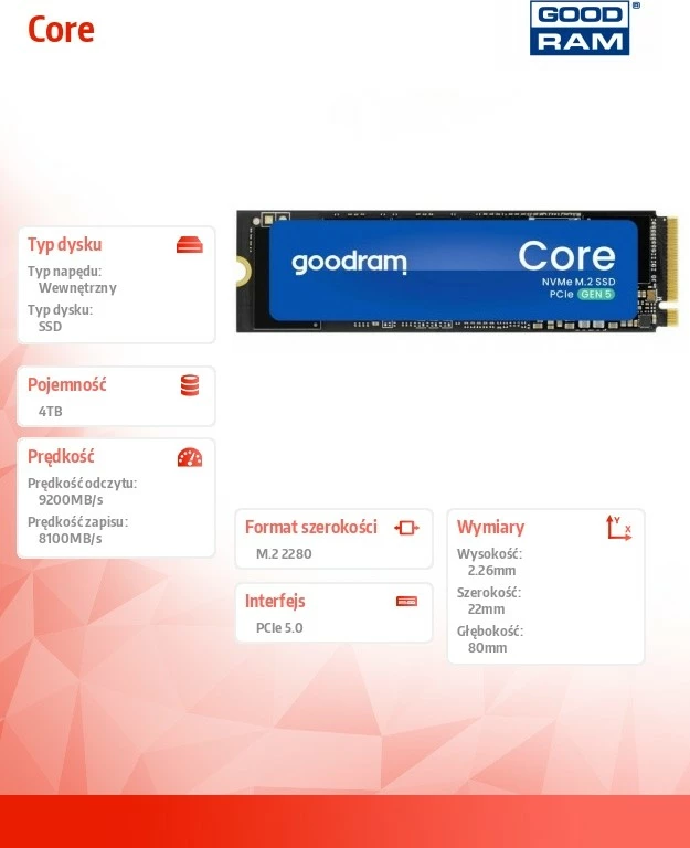 Notranji SSD 4TB M.2 2280, PCIe 5.0, NVMe, GOODRAM Core