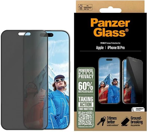 Zaščitno steklo za zasebnost PanzerGlass za iPhone 16 Pro, 6,3", ultra široko