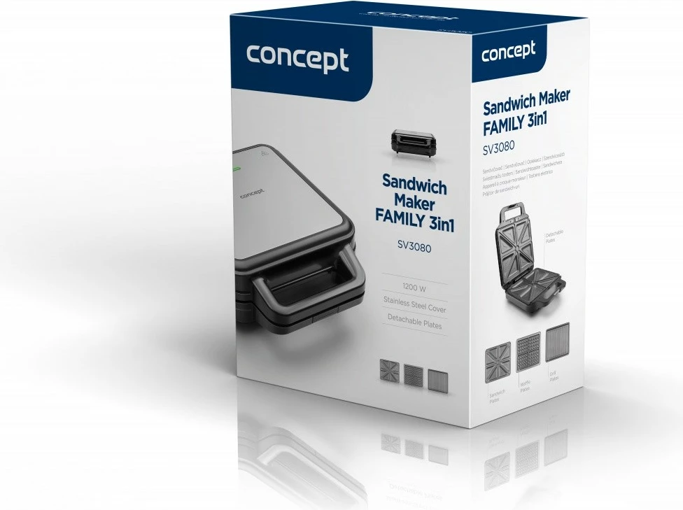 Toster 3-v-1 Concept SV3080, 1200 W, zamenljive XXL plošče, črn/nerjaveče jeklo