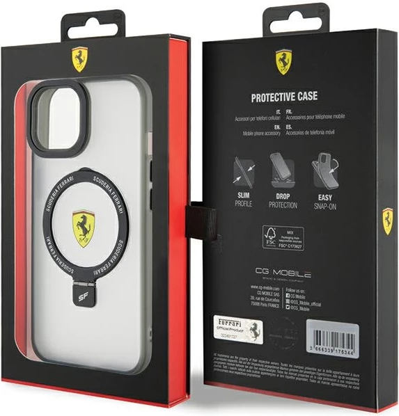 Ovitek za telefon Ferrari Ring Stand 2023 MagSafe za iPhone 15 Plus / iPhone 14 Plus, črn