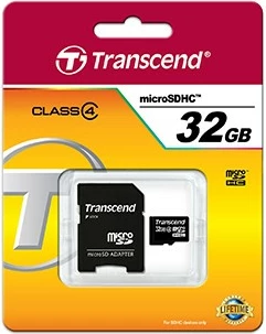 MicroSDHC kartica 32 GB, Class 4, z adapterjem — Transcend TS32GUSDHC4, črna MicroSDHC kartica 32 GB, Class 4, z adapterjem — Transcend TS32GUSDHC4, črna