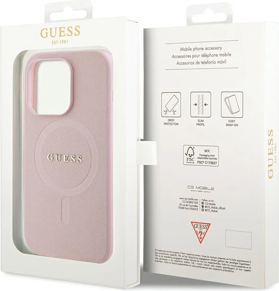 Ovitek za telefon Saffiano MagSafe za iPhone 14 Pro Max, roza, Guess GUHMP14XPSAHMCP