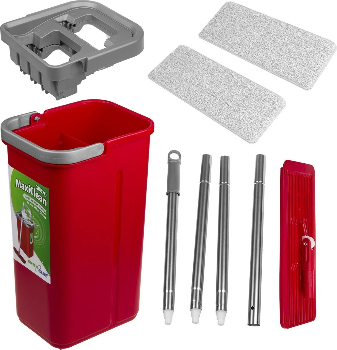 Komplet za čiščenje z ravnim mopom, vedrom in 2 mikrovlaknastima slojema, rdeč GreenBlue MaxiClean GB870