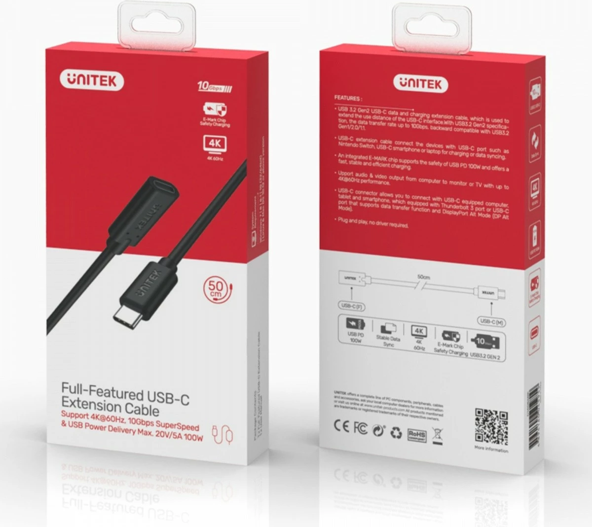 Podaljševalni kabel USB-C, 1,5 m, 100 W, 10 Gbps, 4K, črn, Unitek C14086BK-1.5M