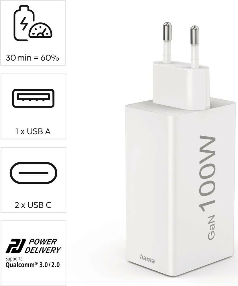 Močilen polnilec 100W Hama, mini GaN, 2x USB-C, 1x USB-A, bel