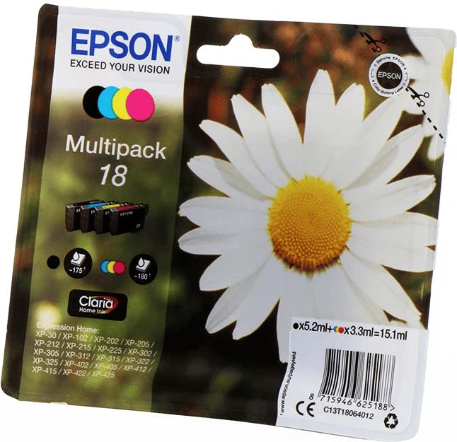 Kartuše črnila, multipack 4, Claria Home, Epson 18 / C13T18064012, standardna zmogljivost, večbarvno (črna, cijan, magenta, rumena)