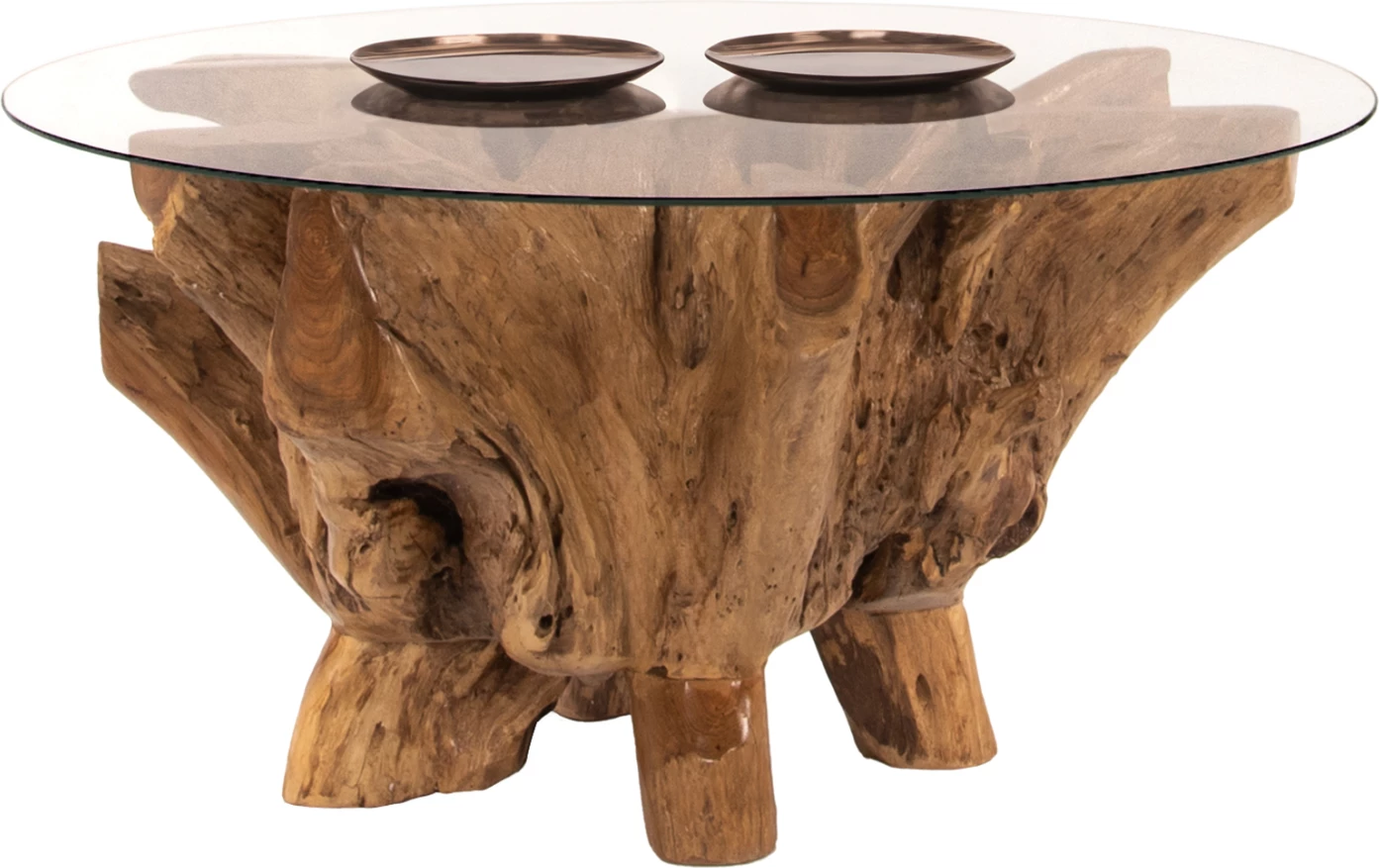 Okrogla miza za dnevno sobo iz korenine tika s kaljenim steklom D100x46H cm