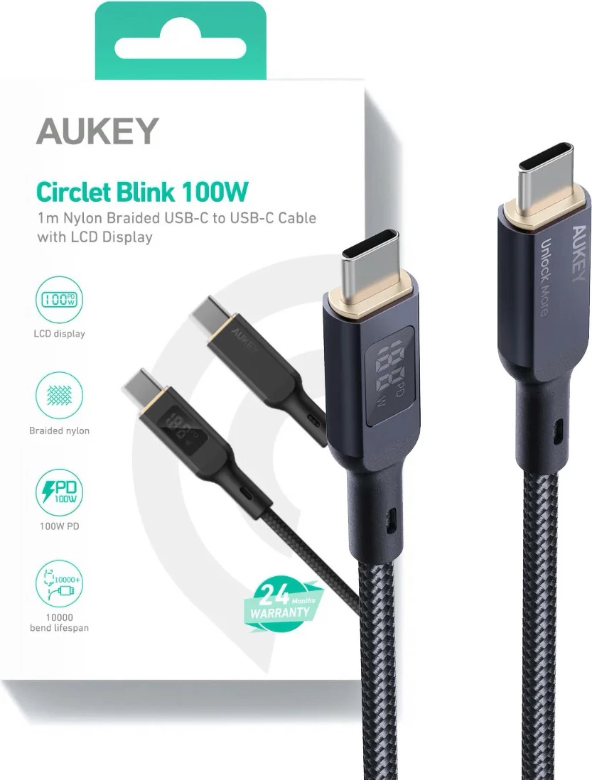 Kabel USB-C na USB-C, AUKEY CB-MCC102, 1,8 m, LED, 100W PD, črn