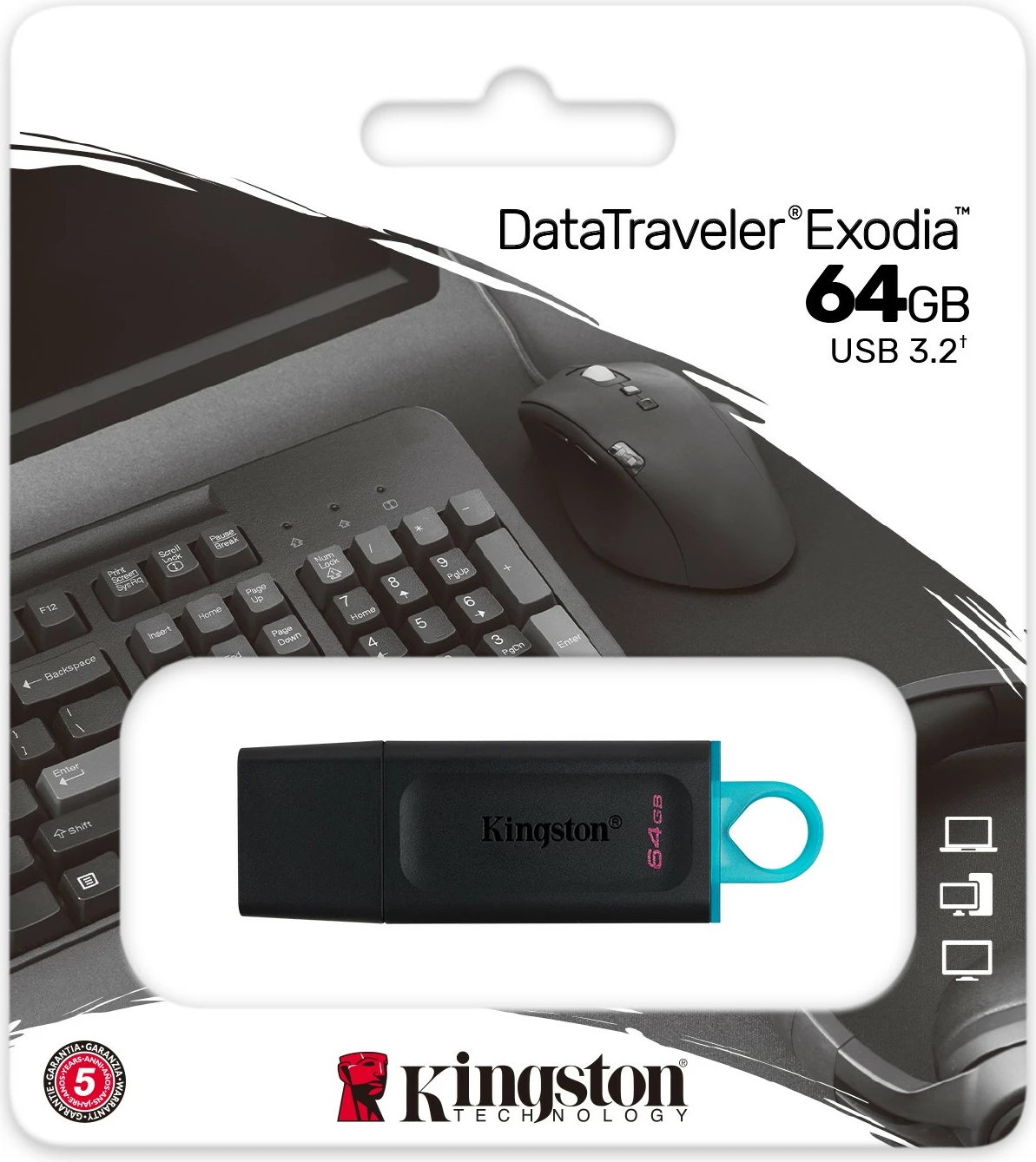 USB 3.2 ključek za shranjevanje 64 GB, USB Type-A, črn, turkizen — Kingston DataTraveler Exodia