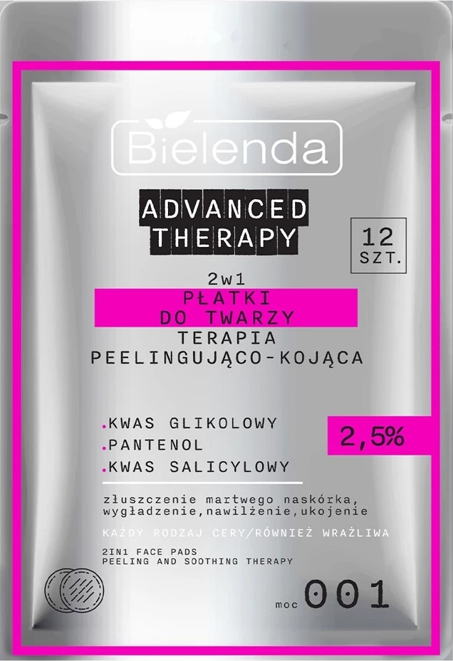 Obliži za obraz z 2-v-1 pilingom in pomirjevalno terapijo Bielenda Advanced Therapy 2,5%, 12 kosov