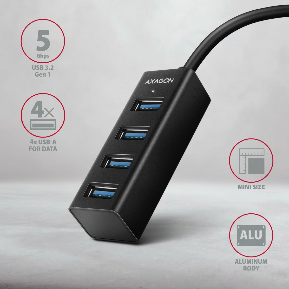 Mini kovinski USB razdelilec, 4 vrata, USB 3.2 Gen 1, kabel 1,2 m, črn AXAGON HUE-M1AL