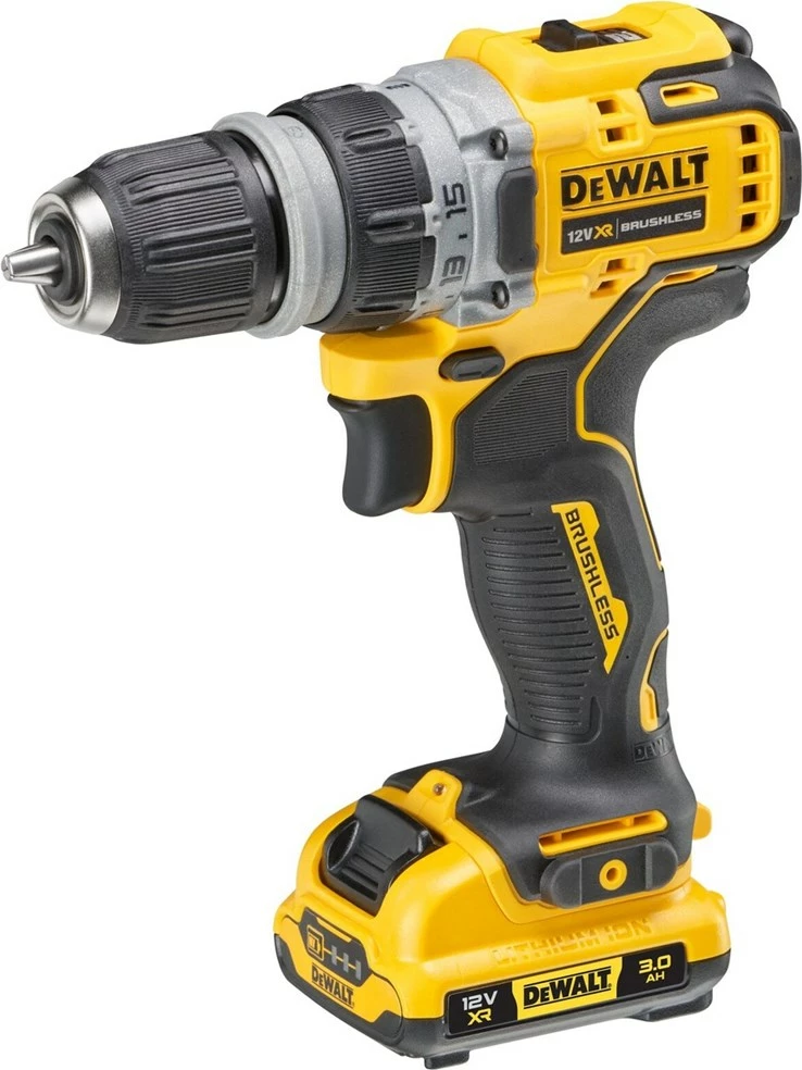 Vrtalnik in vijačnik DeWalt DCD703L2T-QW, 12 V, 3 Ah, 2 bateriji, rumen