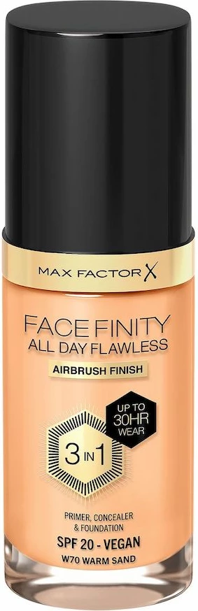 Pudra, primer in korektor 3‑v‑1 Max Factor Facefinity All Day Flawless W70 Warm Sand 30 ml