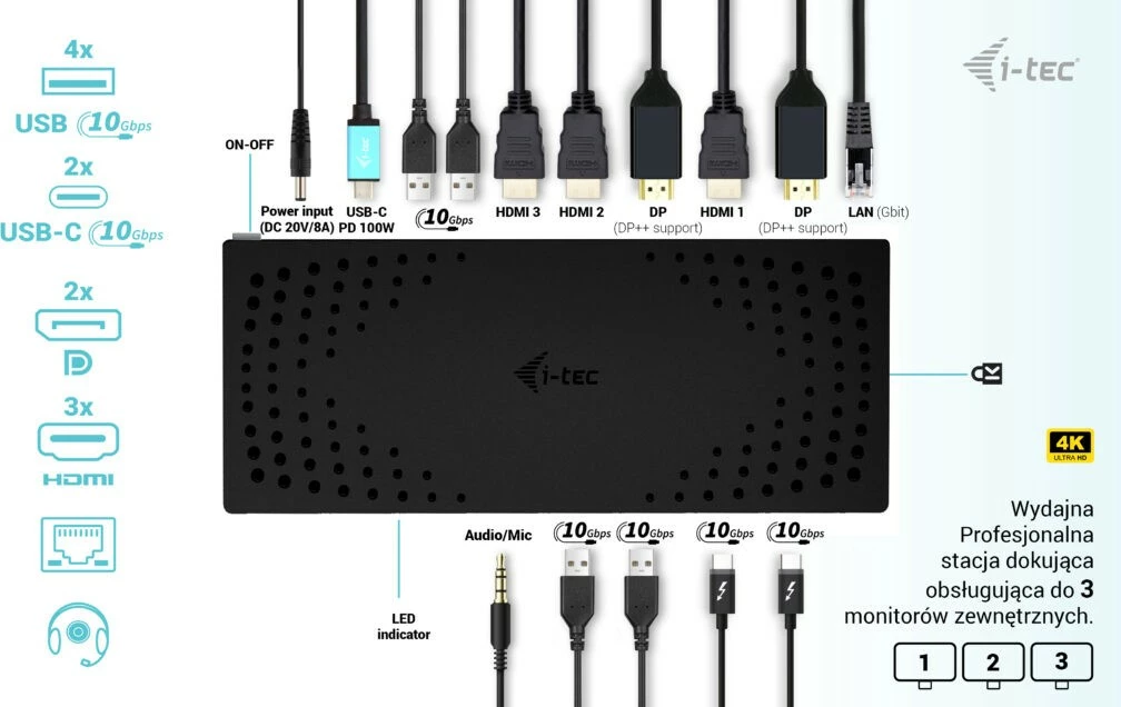 Dokovna postaja i-tec CATRIPLE4KDOCKPD2, 3x 4K, USB 3.0/USB-C/Thunderbolt, 100W, črna