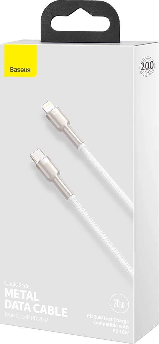 Kabel za hitro polnjenje in prenos podatkov Baseus Cafule Series Metal, USB-C na Lightning, 1 m, 20 W, bel