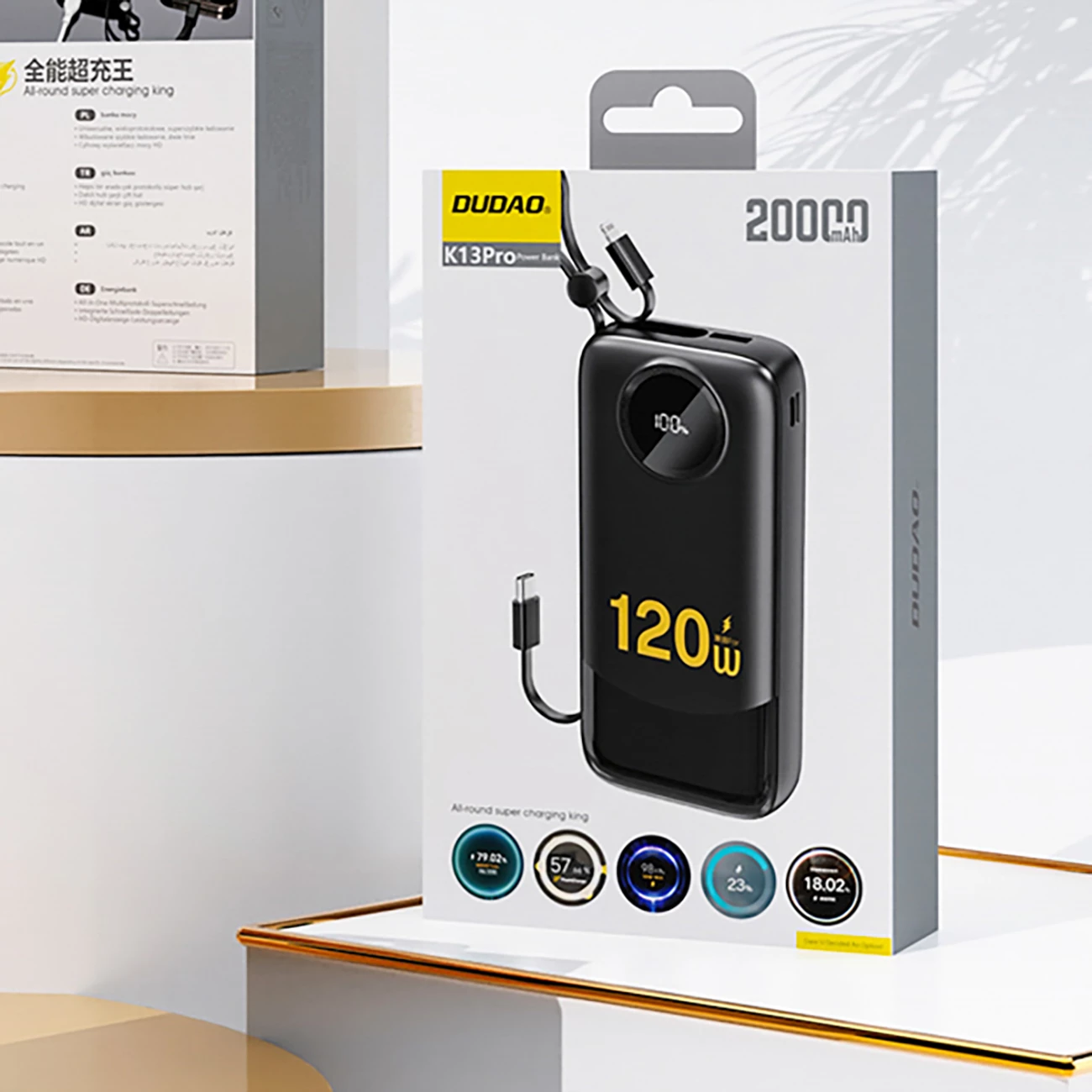 Powerbank z vgrajenimi kabli, 10000 mAh, črn Dudao K13Pro