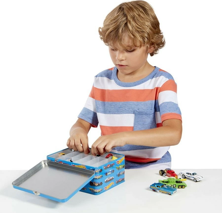 Kovinska škatla za shranjevanje igrač avtomobilčkov Hot Wheels Klein 2883, modro/oranžna