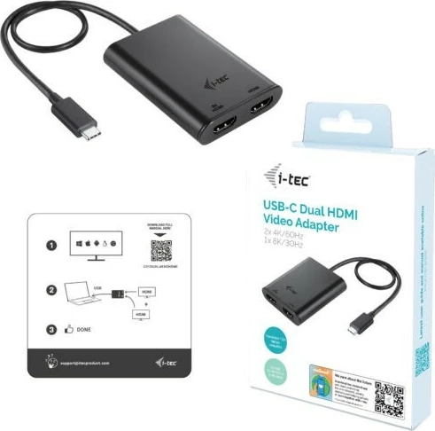 Video adapter USB-C, 2x HDMI, 8K/30Hz ali 2x 4K/60Hz, i-tec C31DUAL4K60HDMI, črn