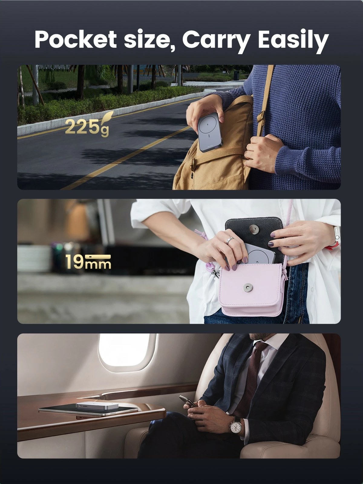 Mini brezžični powerbank 10000mAh, 20W z MagSafe Ugreen, siva