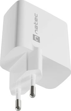 Stenski polnilec GaN 65W, 1x USB-A + 1x USB-C, Natec Ribera, bel