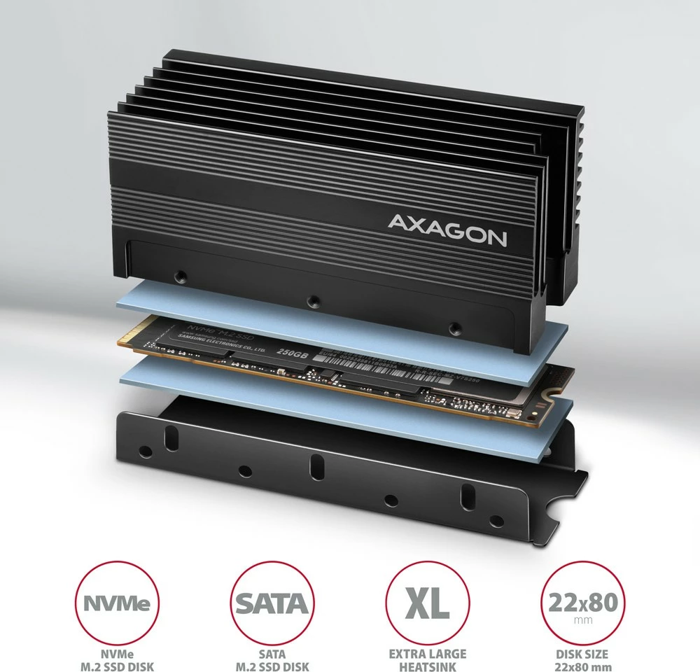 Pasivni hladilnik za SSD M.2, AXAGON CLR-M2XL, aluminij, 22x80mm, črn Pasivni hladilnik za SSD M.2, AXAGON CLR-M2XL, aluminij, 22x80mm, črn