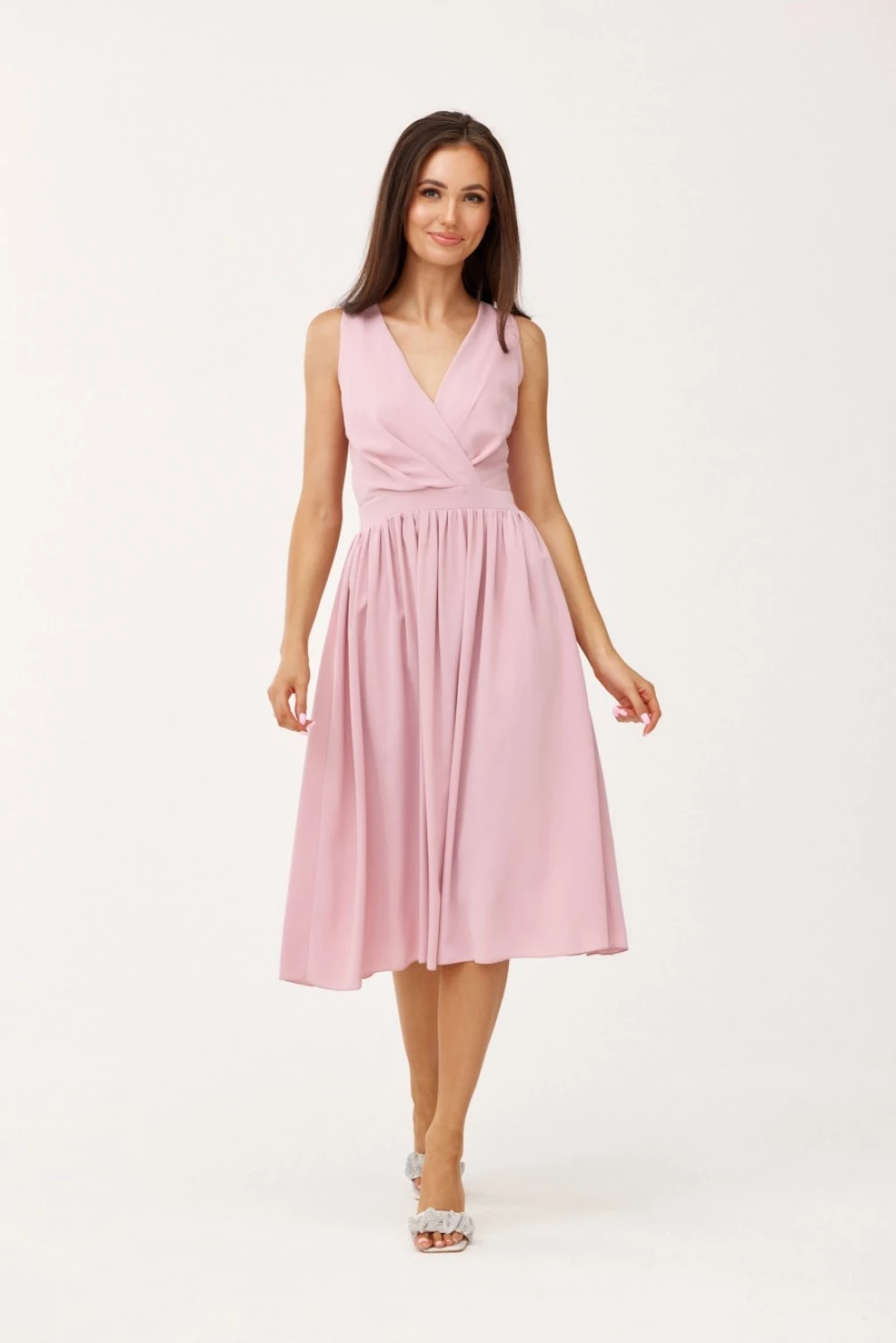 Midi obleka z ramienci Roco Fashion 183736, rožnata