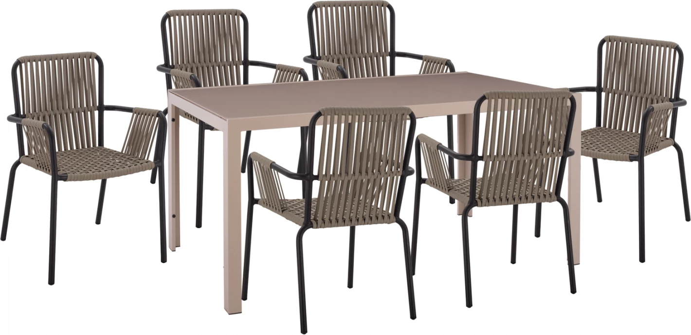Jedilni set 7 kosov miza cappuccino 150x90 in ogleno sivi stoli z vrvjo
