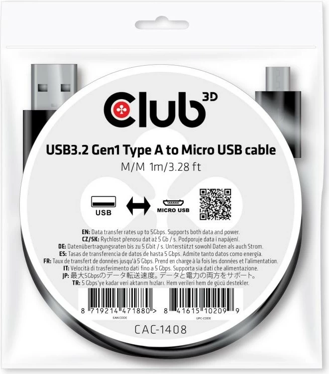 USB kabl 1 m USB A na Micro-USB B, črn Club3D