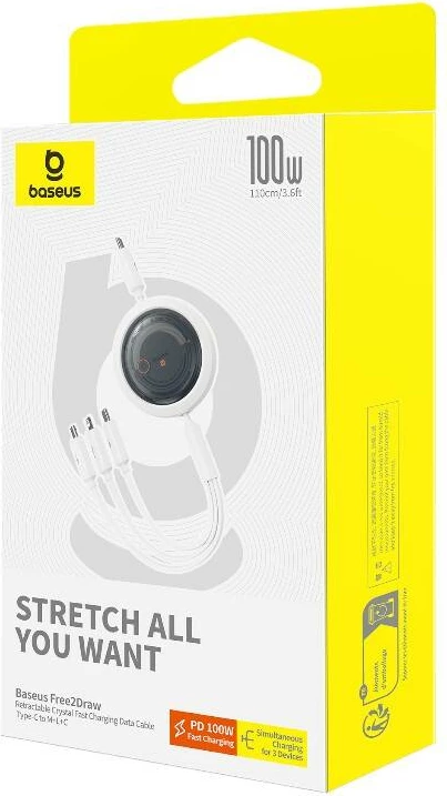 3-v-1 kabel za polnjenje Baseus Free2Draw, USB-C na USB-C/Lightning/micro, 100 W, 1,1 m, bel