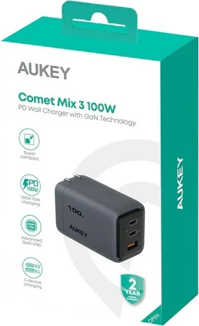 Ultra kompakten 100W zidni polnilec AUKEY PA-C5 Comet Mix 3, 3xUSB (2xUSB-C, 1xUSB-A), siv
