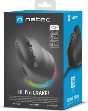 Ergonomski vertikalni miška Natec CRAKE 2 PRO, 12800 DPI, z vodo, RGB, črna