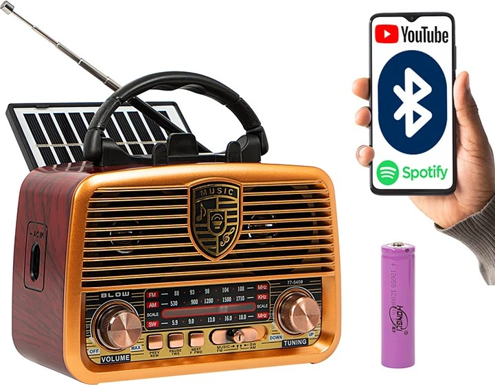 Prenosni analogni radio, AM/FM, Bluetooth, solar, 1200mAh BLOW RA10, črn/rjav/zlat