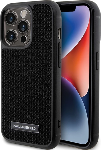 Zaščitni ovitek z bleščicami in kovinsko ploščico z logotipom Karl Lagerfeld za iPhone 15 Pro Max, črn