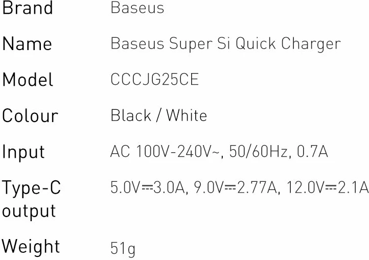 Stenski polnilec, 25 W, USB Type-C, črn, Baseus Super Si 1C