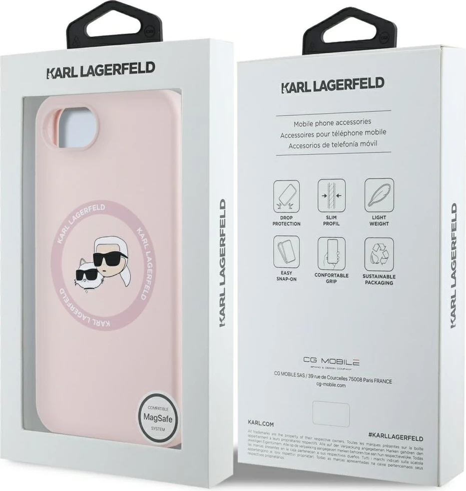 Ovitek za telefon iz silikona z motivom Karl & Choupette, MagSafe, roza — Karl Lagerfeld za iPhone 16e