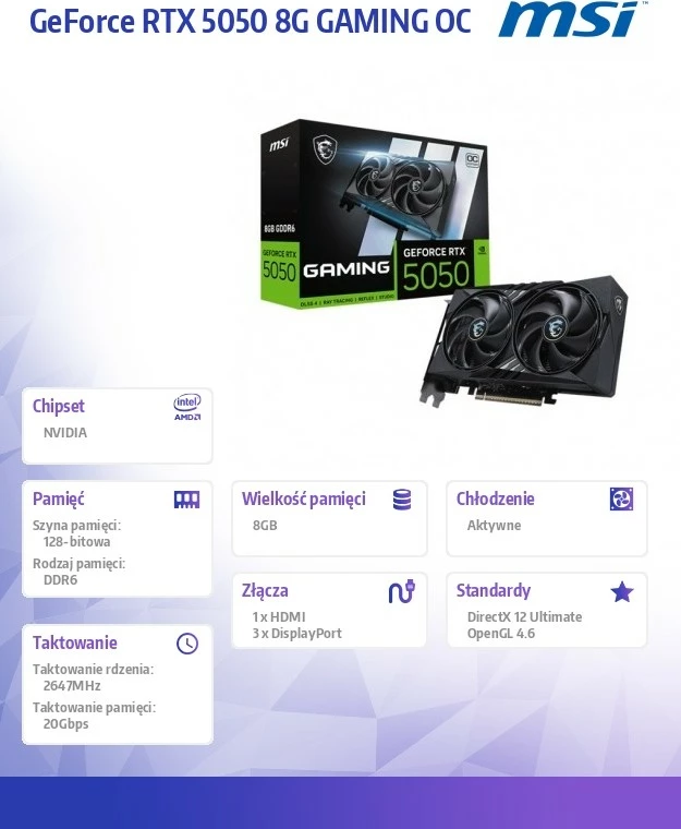 Grafična kartica MSI GeForce RTX 5050 GAMING OC 8GB GDDR6, 128-bit, PCIe 5.0, 3xDP/HDMI