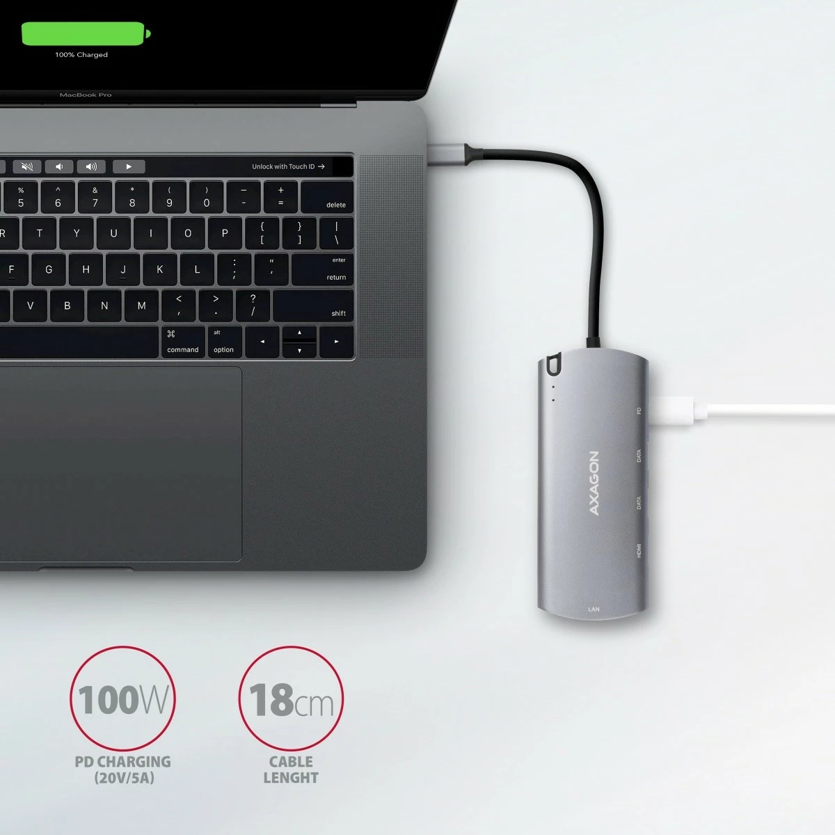 Multifunkcionalen hub 6‑v‑1 AXAGON HMC-6M2, USB-C 3.2 Gen 1, režo M.2 SATA, HDMI, GLAN, 2x USB-A, PD 100W, siva