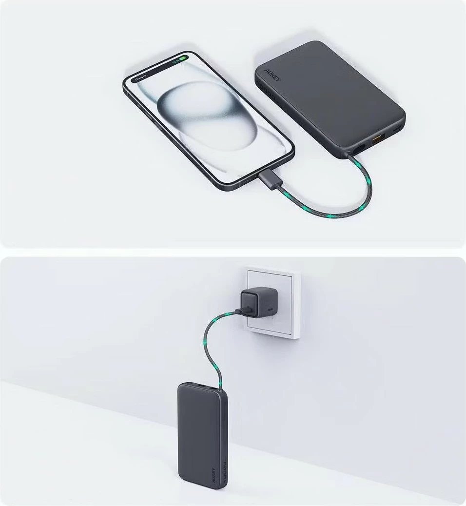 Power bank 10000 mAh, 22.5W, 4×USB, z vgrajenim kablom USB-C, AUKEY Spark Sling PB-Y53P, črn Power bank 10000 mAh, 22.5W, 4×USB, z vgrajenim kablom USB-C, AUKEY Spark Sling PB-Y53P, črn