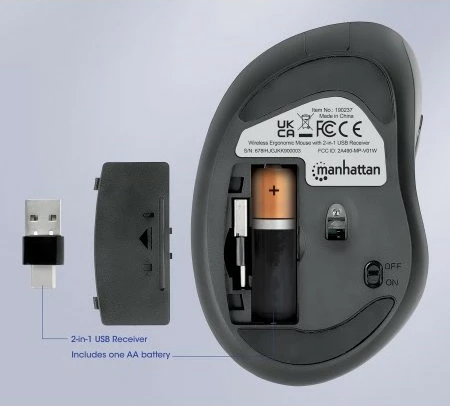 Ergonomični brezžični miška MANHATTAN, 6 gumbov, USB-A/C, črna