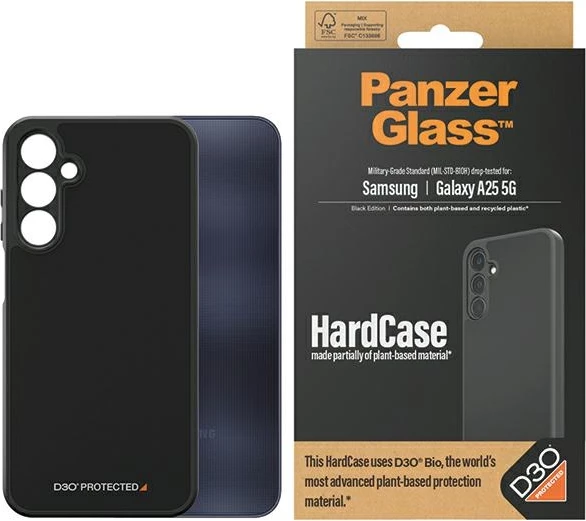 Zaščitni ovitek PanzerGlass HardCase za Samsung Galaxy A25 5G, D3O Bio, črn in prozoren