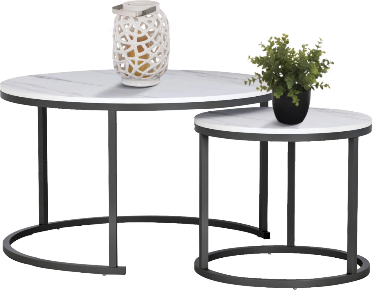 Komplet klubske mizice 2 kosa MDF videz belega marmorja črne noge Φ80x48cm.FH8763.12