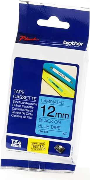 Laminiran trak za etikete 12 mm, 8 m, črn na modrem Brother TZe-531