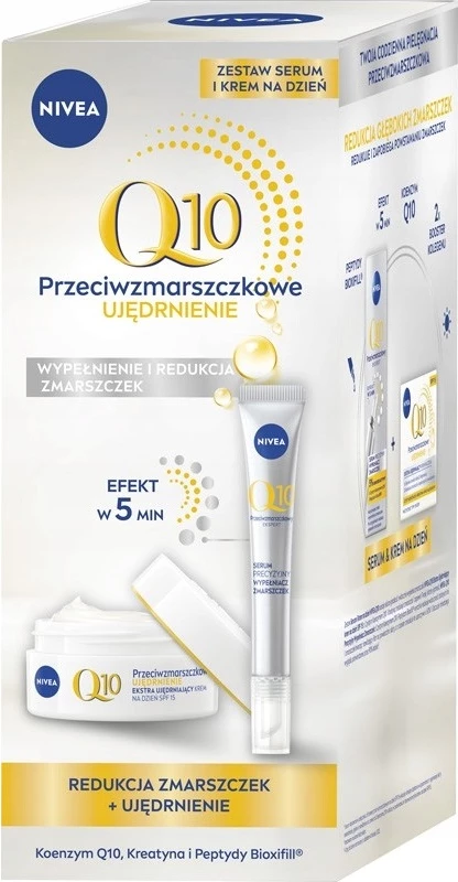 Dnevna krema in serum proti gubam Nivea Q10 Anti-Wrinkle Duo Extra Firming SPF15 Precise Wrinkle Filler za ženske, 50 ml + 15 ml