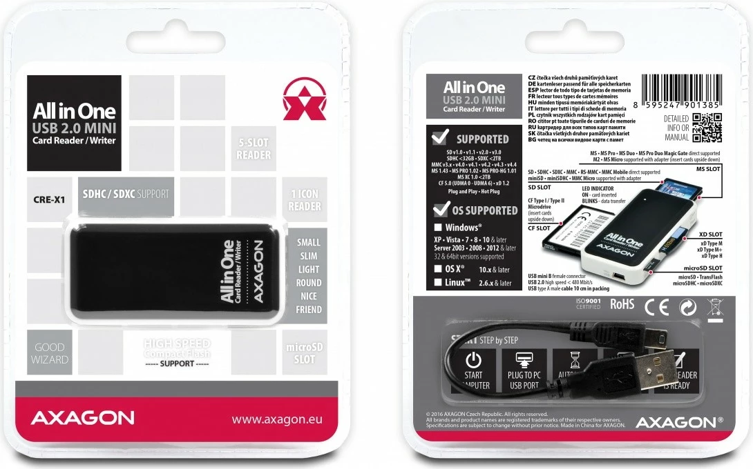 Bralnik kartic AXAGON CRE-X1, 5 rež, USB 2.0, črno/bel Bralnik kartic AXAGON CRE-X1, 5 rež, USB 2.0, črno/bel