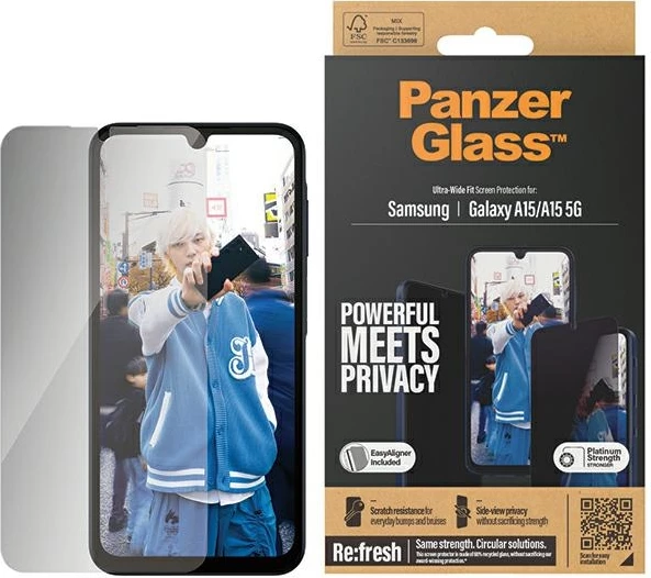 Zaščita zaslona Ultra-Wide Fit Privacy PanzerGlass za Samsung Galaxy A15/A15 5G, kaljeno steklo
