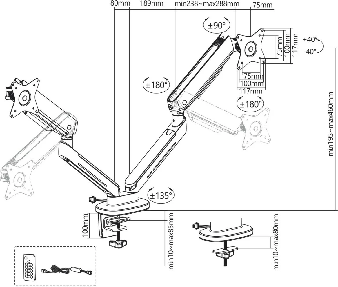 Gaming nosilec za dva monitorja za mizo z LED osvetlitvijo, grafit, Maclean NanoRS RS166