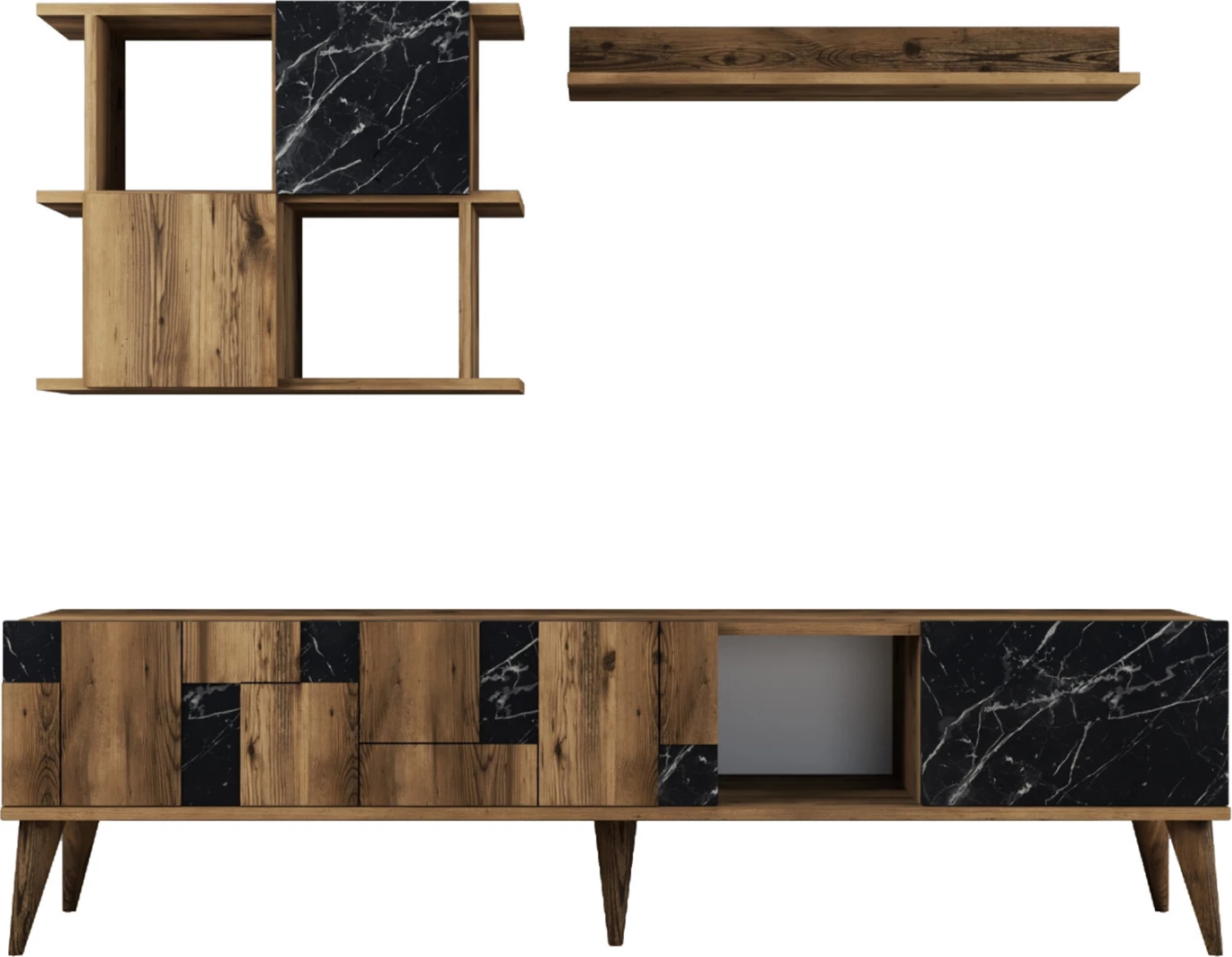 Kombinacija pohištva za TV iz melamina v videzu oreha in črnega marmorja 180x33.8x48.6Hcm.FH9437.02
