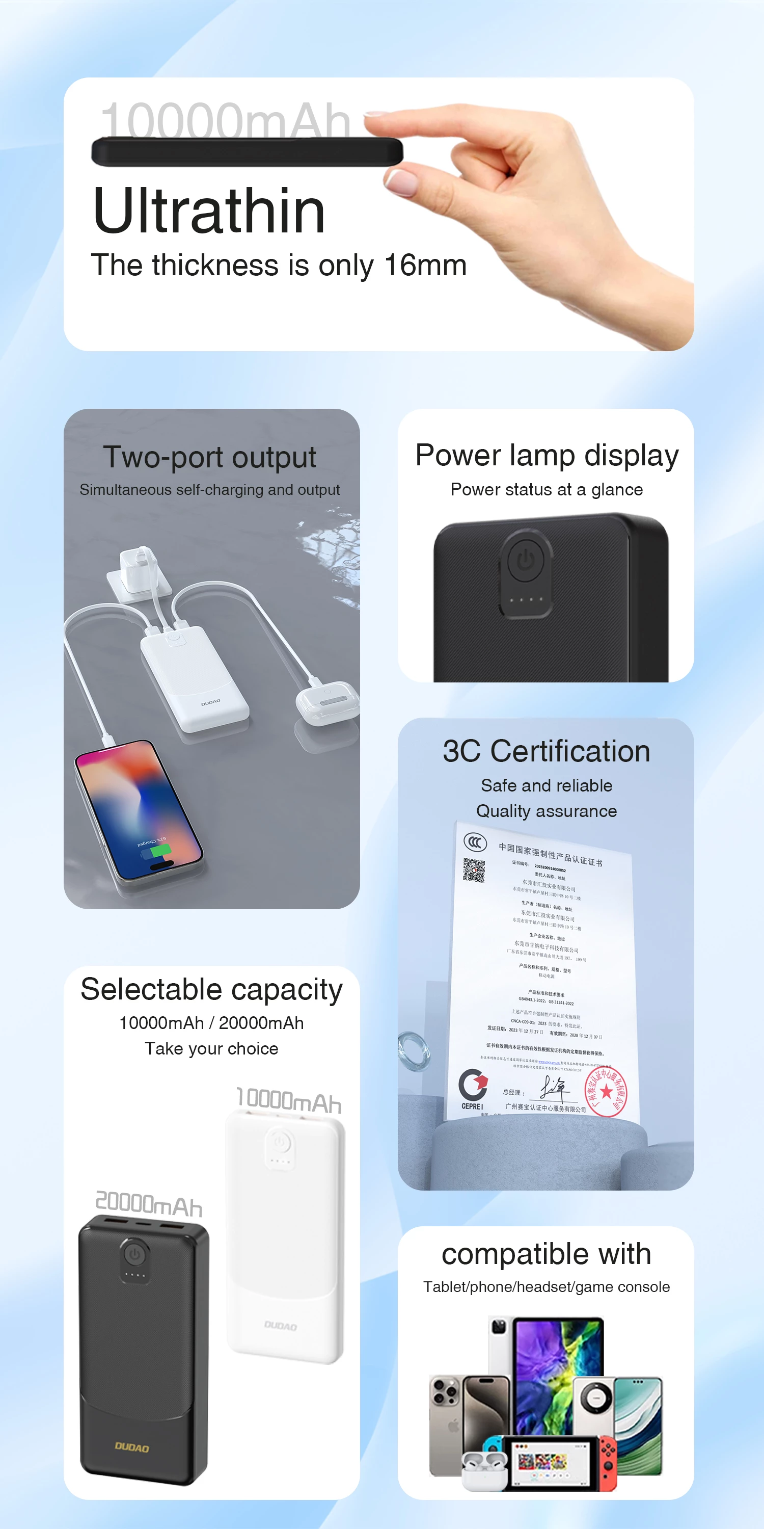 Powerbank Dudao K10 10000mAh, 2 x USB-A 2.4A, 12W, vhod USB-C, črn